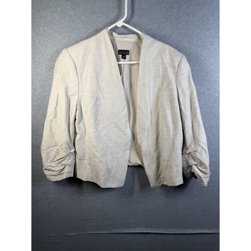 Ann Taylor Blazer Womens Large Beige Linen Blend Open Front Ruched Sleeve Jacket
